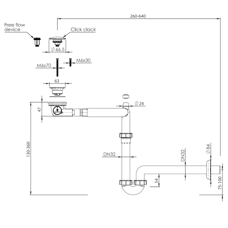URBINO umyvadlový sifon šetřící místo, click-clack výpust, DN32mm, chrom 151.133.0