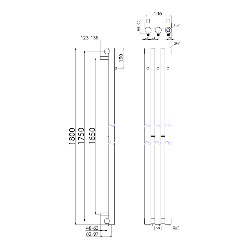 PILON otopné těleso 196x1800mm, se třemi háčky pro ručník, chrom IZ126T