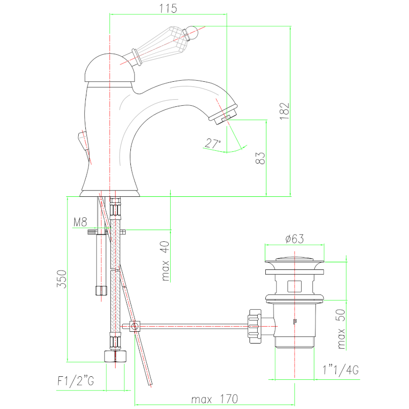 KIRKÉ CRYSTAL stojánková umyvadlová baterie s výpustí, páčka krystal, bronz KI02KB