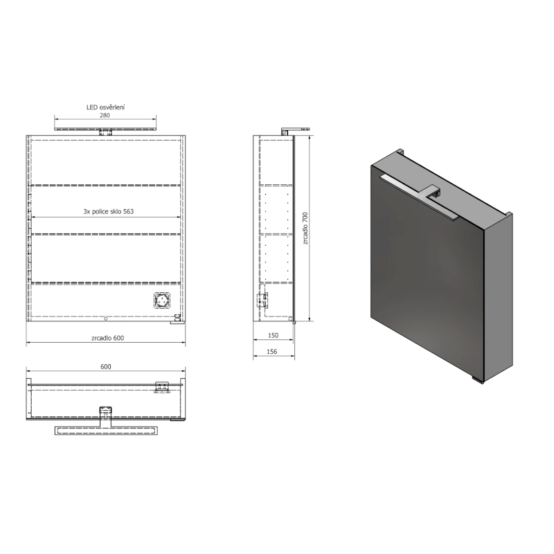 MIRRÓ galerka s LED osvětlením, 60x70x16cm, levá/pravá, bílá MC060-0030