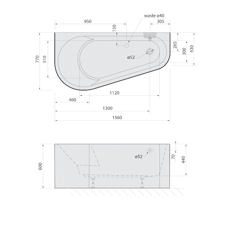 PROJEKTA DL MONOLITH nástěnná stojící vana 156x77x60cm, bílá/černá 20111MDLB
