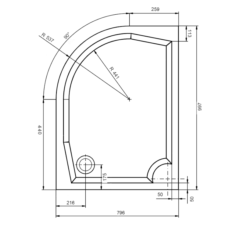 RIVA sprchová vanička z litého mramoru, čtvrtkruh 100x80cm, pravá, bílá GR10080R