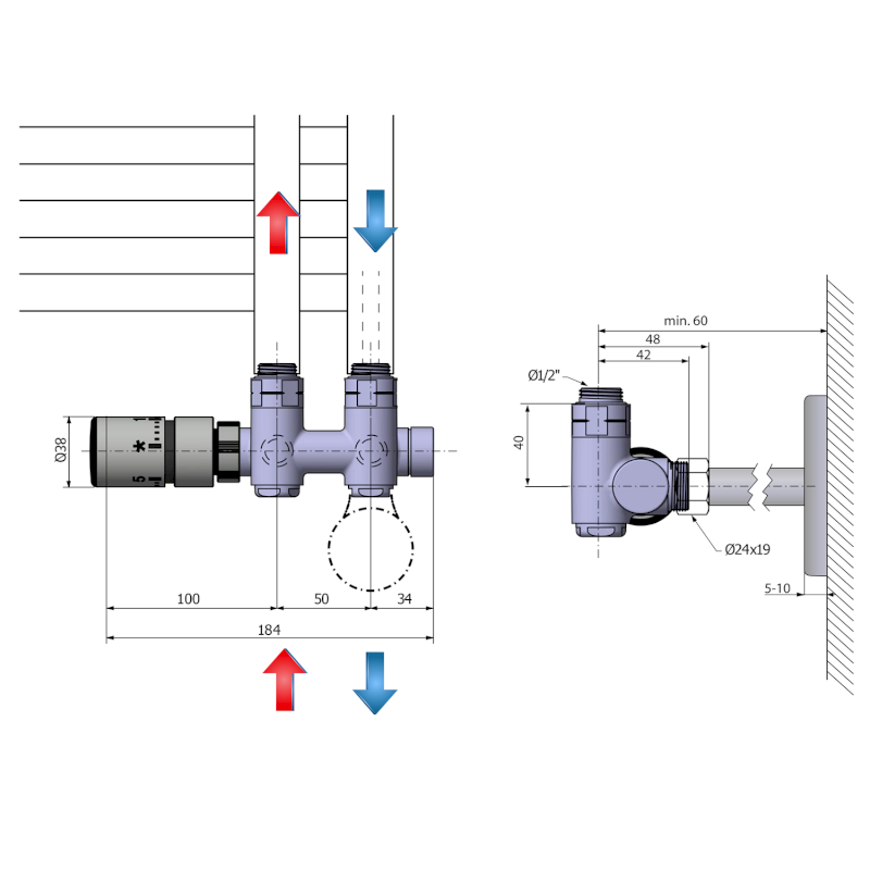 TWIN COMBI připojovací sada ventilů termostatická pro střed.připojení, levá, nerez mat CP5512S