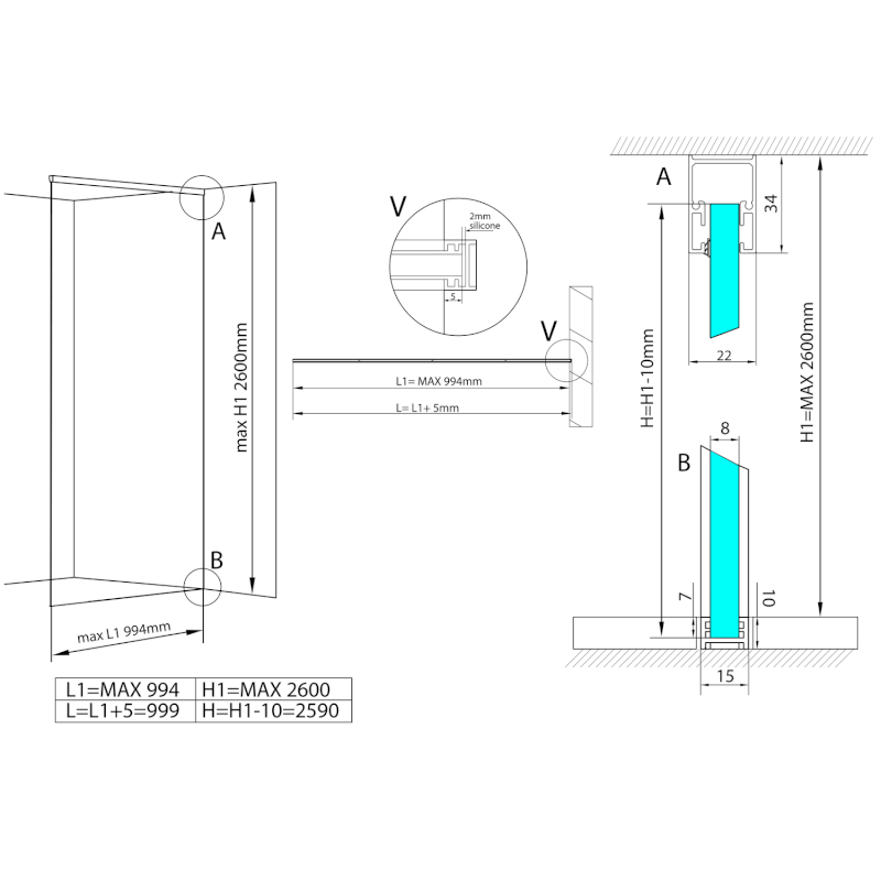 ARCHITEX kalené sklo, L 700 - 999mm, H 1800 - 2600mm, čiré AL7010