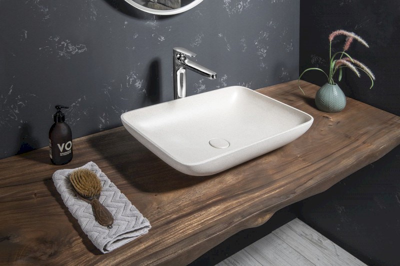 INFRANE betonové umyvadlo na desku, včetně výpusti, 57x37cm, bílý pískovec AR460