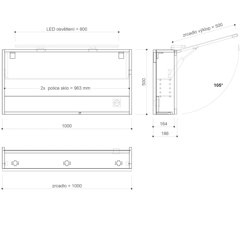 CLOE galerka s LED osvětlením 100x50x18cm, dub stříbrný CE100-0011
