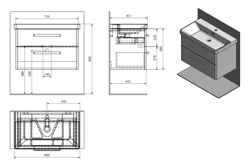 THEIA umyvadlová skříňka 75,6x50x44,2cm, 2xzásuvka, bílá TH080-3030