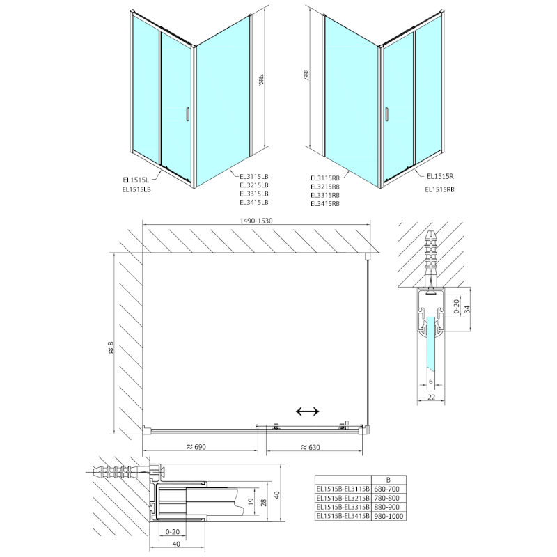 EASY BLACK sprchové dveře 1500mm, čiré sklo EL1515B