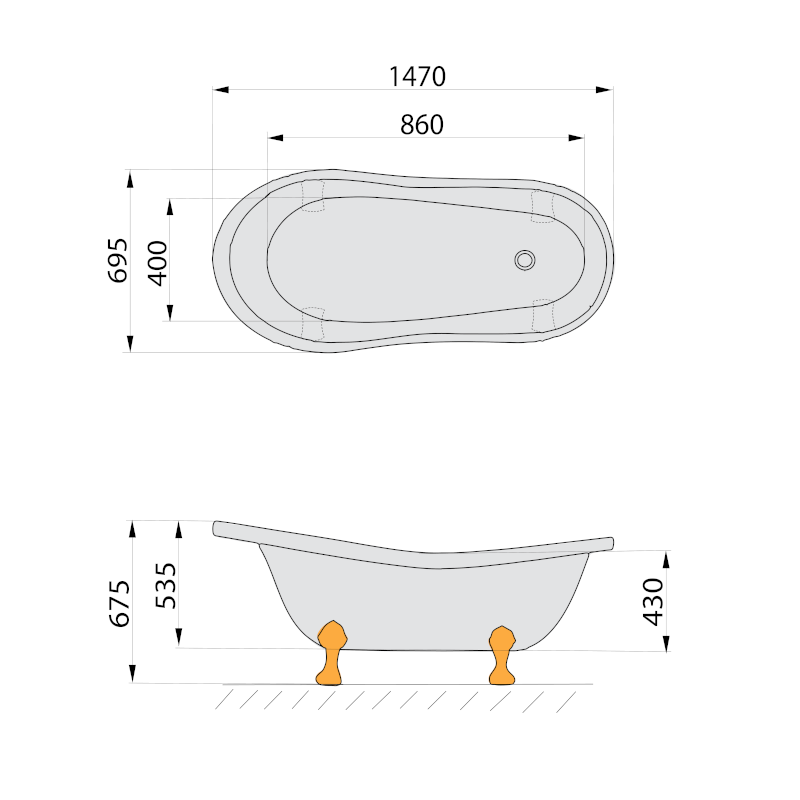 RETRO volně stojící vana 147x69,5x67,5cm, nohy bílé, bílá 85336