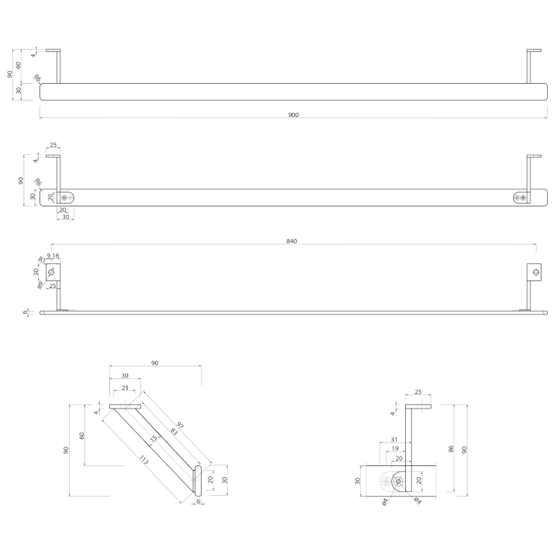 PURA čelní držák ručníků 100cm, chrom PAPR100