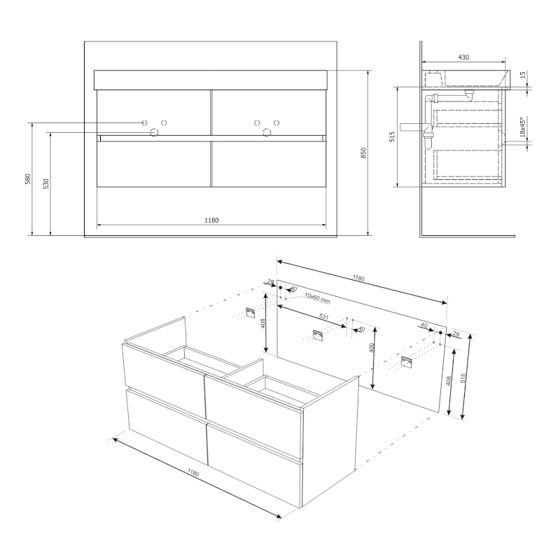 FILENA dvojumyvadlová skříňka 118x51,5x43cm, dub FID1212D