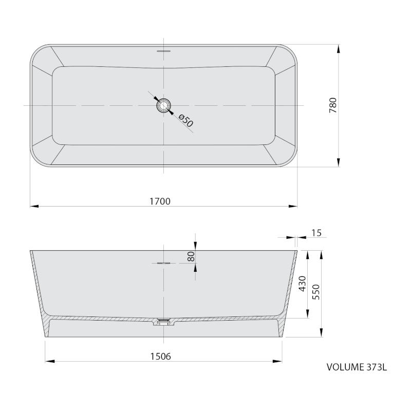 LEYLA volně stojící vana, solid surface 170x78x55cm, bílá mat 92530