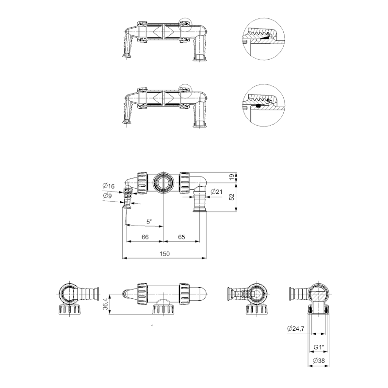 Dvojkolínko podomítkového sifonu, pro pračku a sušičku/myčku, bílá 168.132.0