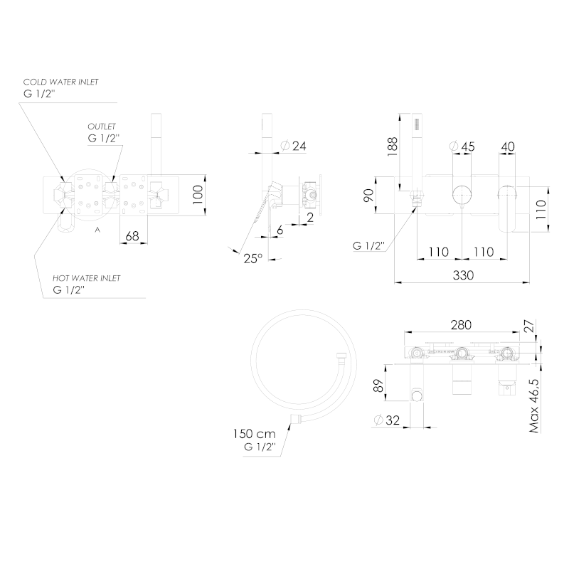 SPY podomítková sprchová/vanová baterie s ruční sprchou, 2 výstupy, černá mat PY52/15