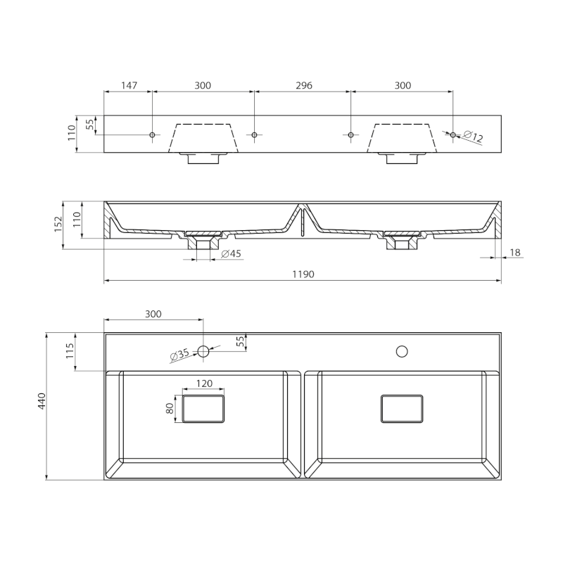 GODIVA dvojumyvadlo, litý mramor, 119x44cm, bílá GU119