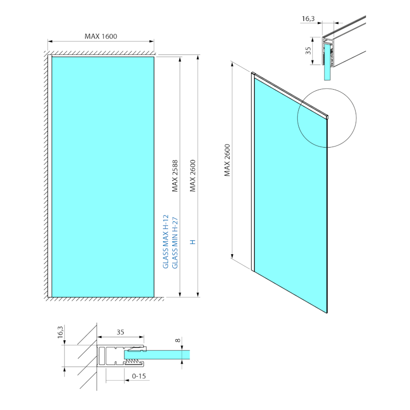 ESCA sada profilů pro uchycení skla, stěna - strop, 2600x1600mm, zlato mat ES2646