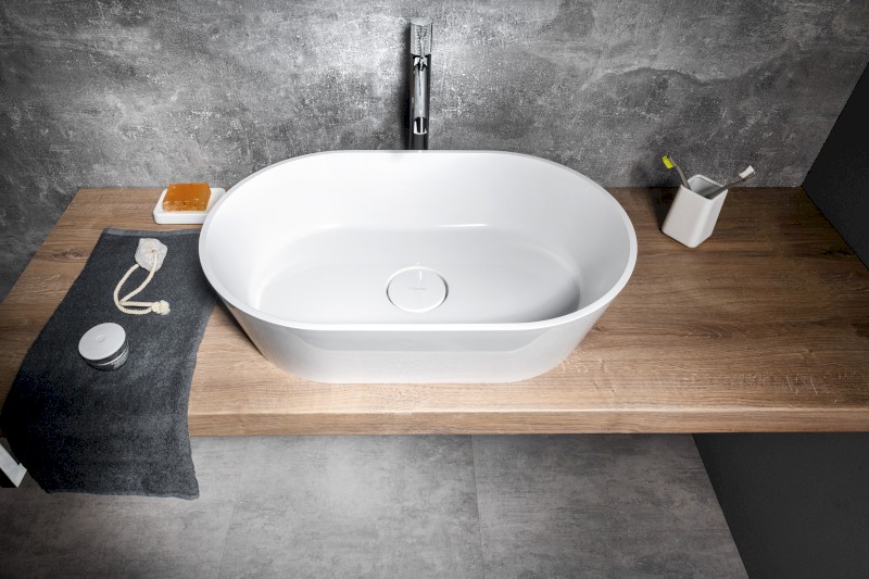 GERANO umyvadlo na desku, litý mramor, 60x38cm, kryt výpusti, bílá GN600