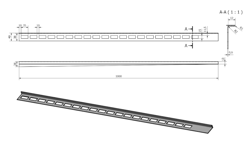 Spádová lišta, levá, výška 12mm, délka 1000mm, nerez mat SPD12-L