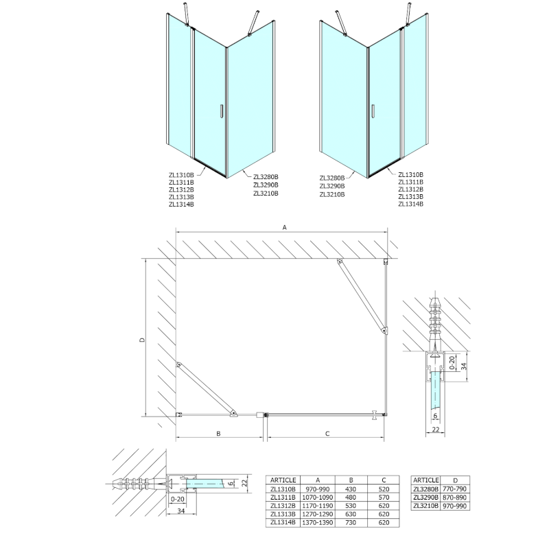 ZOOM BLACK boční stěna 1000mm, čiré sklo ZL3210B