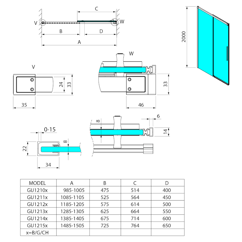 LUXOR GOLD MATT sprchové dveře 1400mm, čiré sklo GU1214G