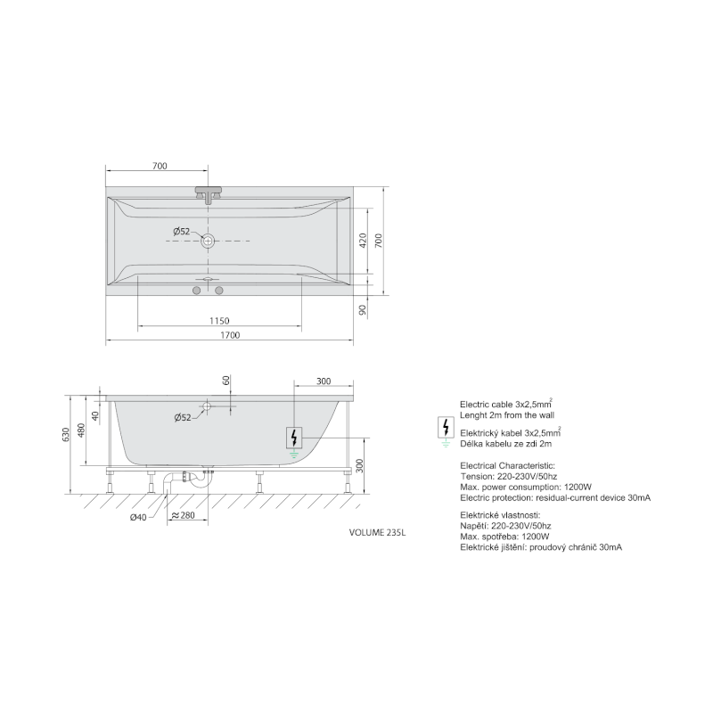CLEO hydromasážní vana, 170x70x48cm, Highline Hydro, chrom 74611.5010