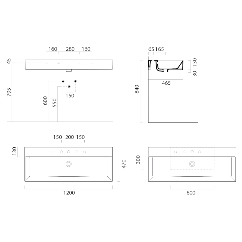KUBE X keramické umyvadlo 120x47cm, bez otvoru, bílá ExtraGlaze 9424011