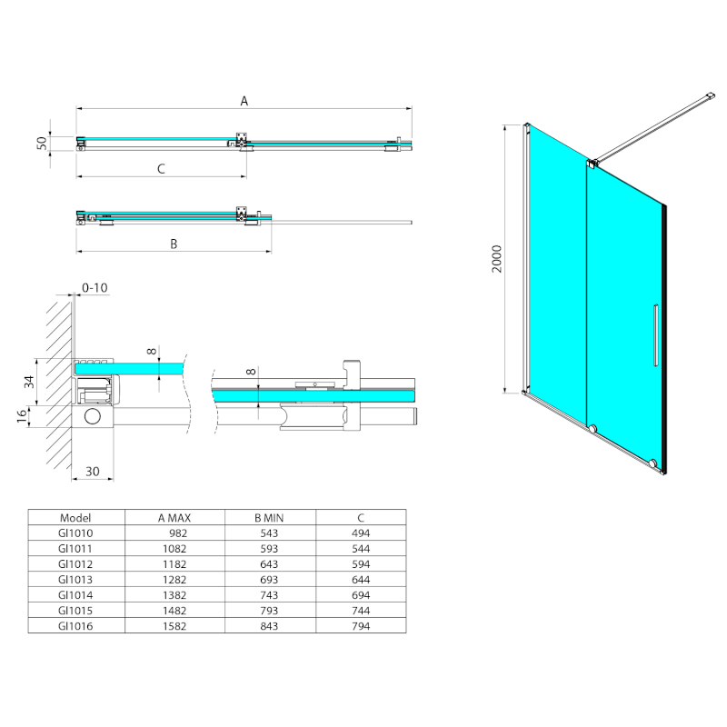 SPIRIT BLACK sprchové dveře 1000mm, čiré sklo GI1010B