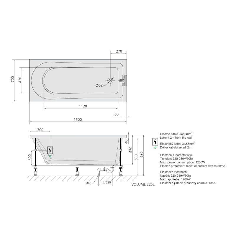 LISA hydromasážní vana, 150x70x47cm, Highline Hydro-Air, chrom 85111.6010
