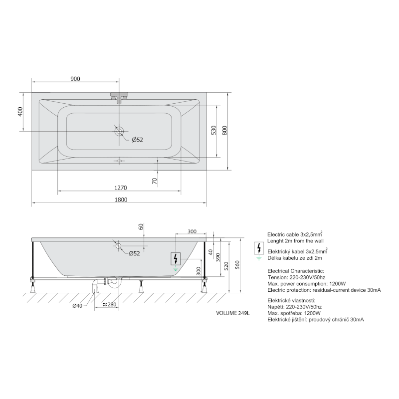 KRYSTA hydromasážní vana, 180x80x39cm, Active Hydro, chrom 71710.1010