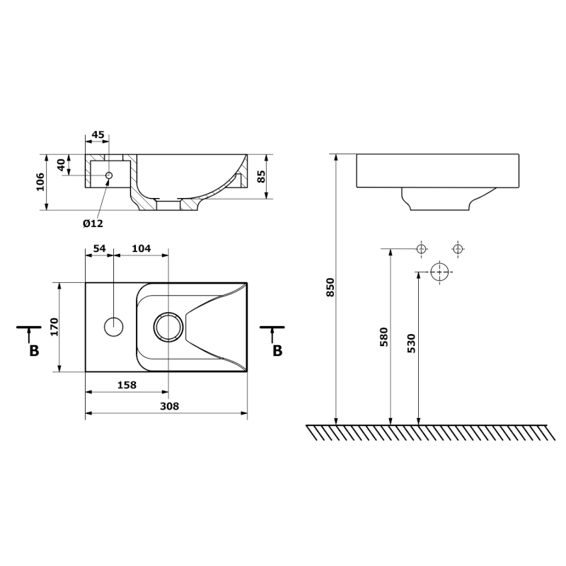 PICCOLINO betonové umývátko 30,8x17cm, baterie vlevo, šedá mat PK30017