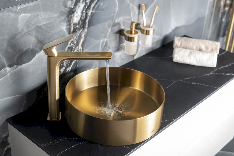 AURUM nerezové umyvadlo na desku, průměr 38cm, včetně výpusti, zlato mat AU201