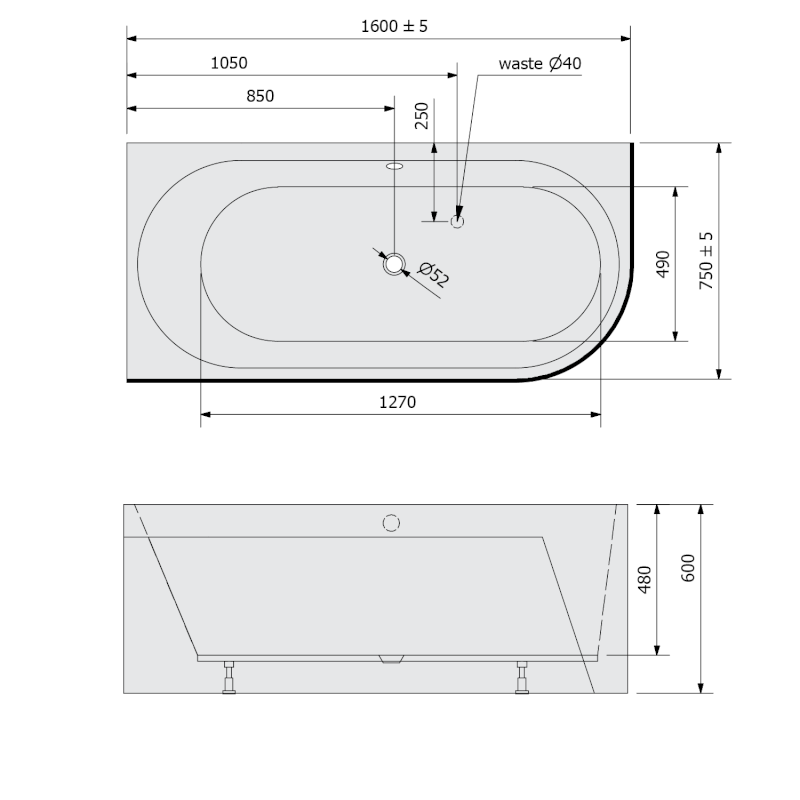 ASTRA L MONOLITH asymetrická vana 160x75x60cm, bílá/černá 33611MB