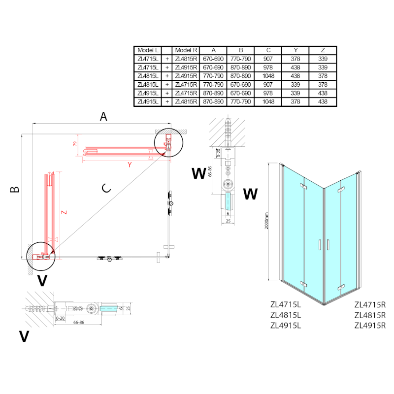 ZOOM sprchové dveře skládací 900mm, čiré sklo, levé ZL4915L