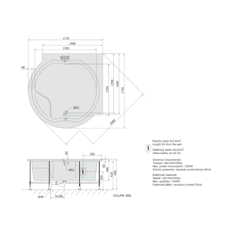 ROYAL CORNER hydromasážní vana, 173x173x49cm, Active Hydro, chrom 74211.1010