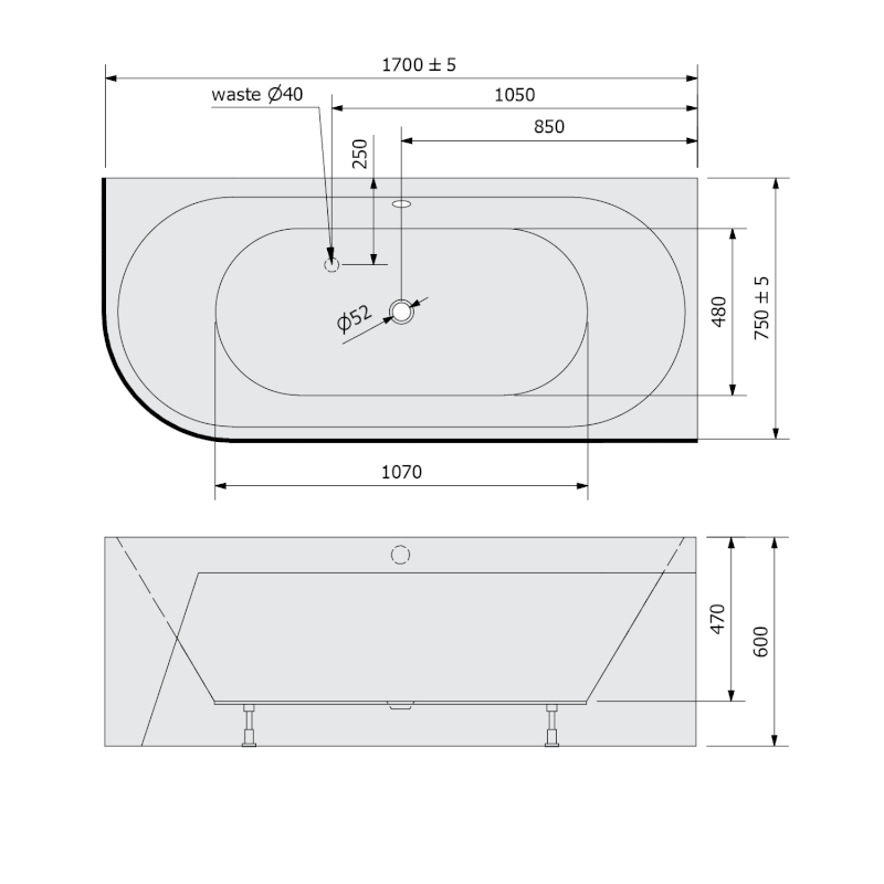 VIVA R MONOLITH asymetrická vana 170x75x60cm, bílá/agila 78119M.43
