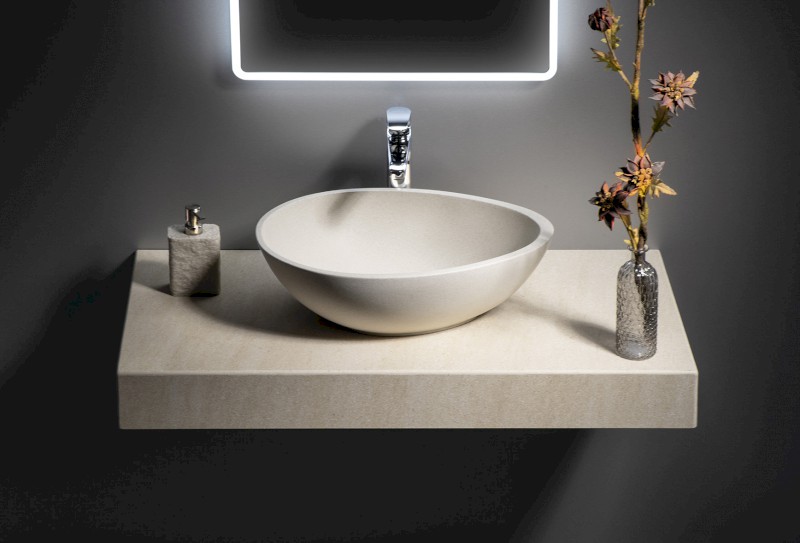 PUNC betonové umyvadlo na desku, včetně výpusti, 53x39cm, bílý pískovec BH7000