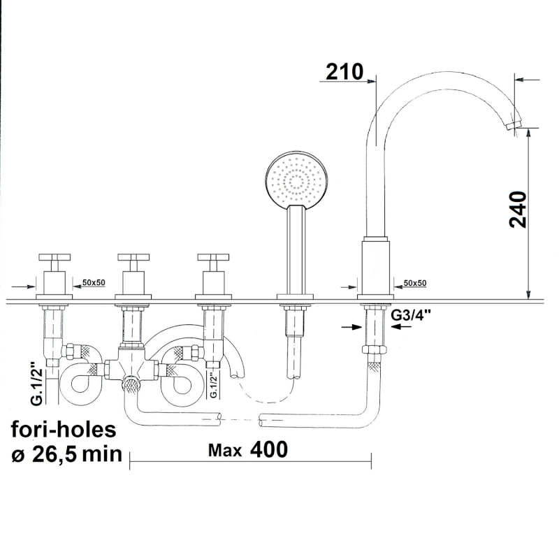 TRAX pětiprvková baterie na okraj vany, chrom 632