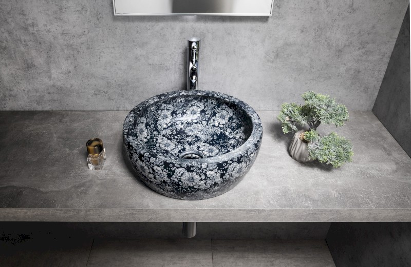 PRIORI keramické umyvadlo na desku, Ø 41 cm, modré květy PI038