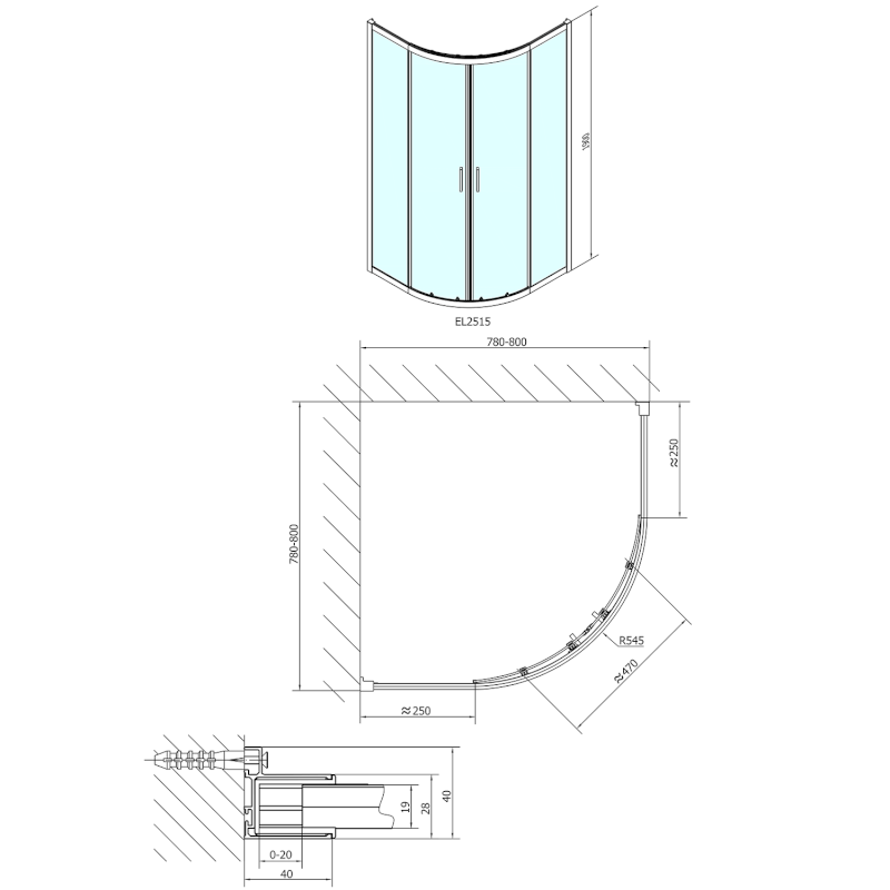 EASY čtvrtkruhová sprchová zástěna 800x800mm, L/R, čiré sklo EL2515