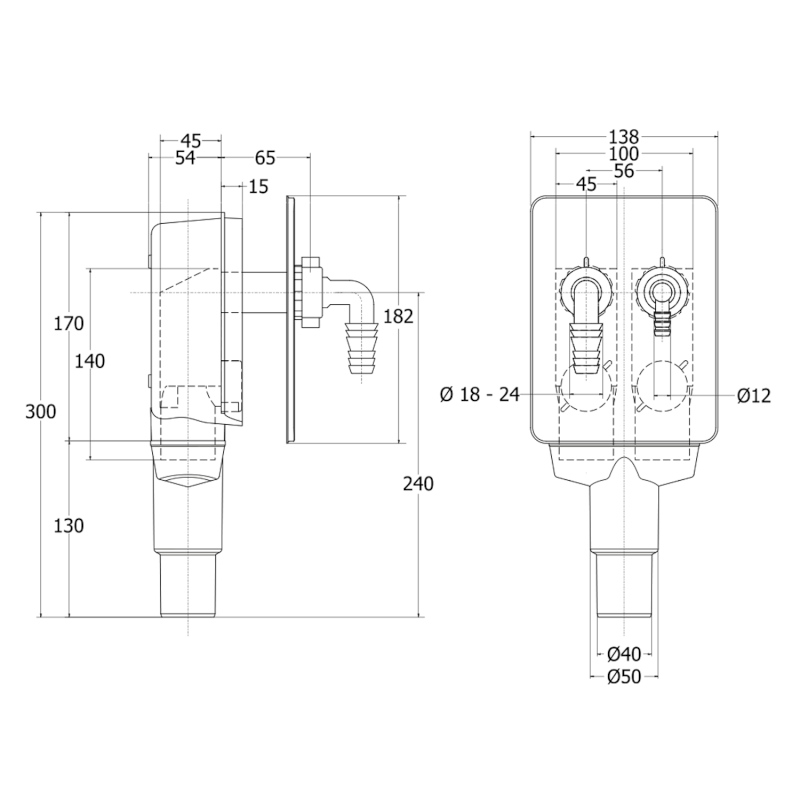 Podomítkový sifon pro pračku a sušičku, DN40/50mm, nerez lesk 168.345.0
