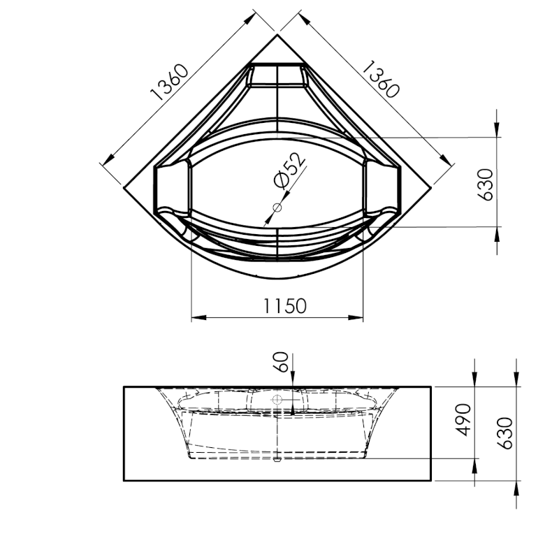 ROSANA MONOLITH rohová vana 136x136x63cm, bílá/černá 64119MB