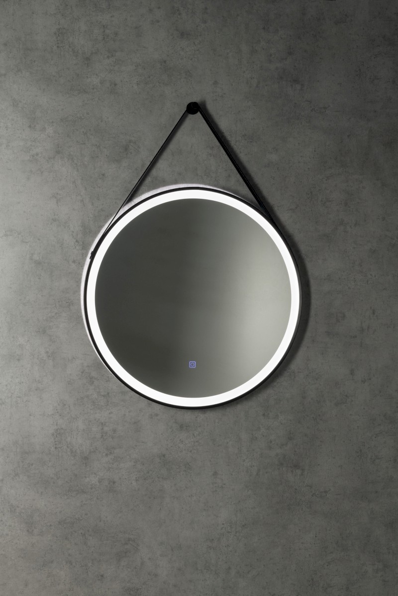 STAGO kulaté zrcadlo s LED osvětlením ø 60cm, kožený pásek, dotykový senzor, stmívatelné, černá mat SG060