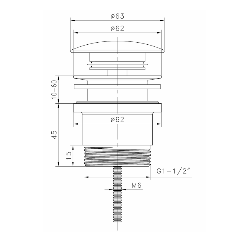 Umyvadlová výpust 6/4“, click-clack, velká zátka, 10-60mm, chrom 151.317.1