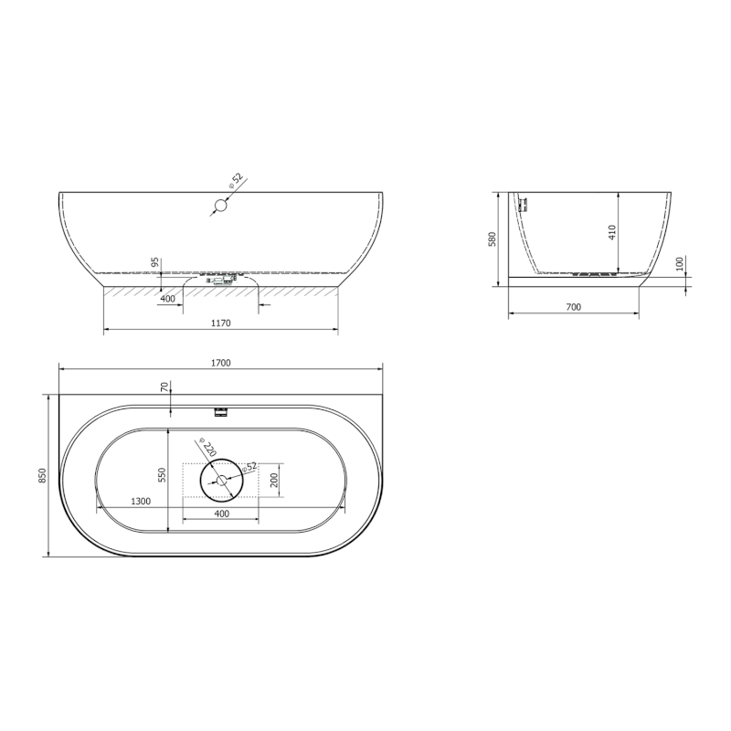 PAGODA nástěnná vana litý mramor 170x85x58cm, hnědá mat 72976.71