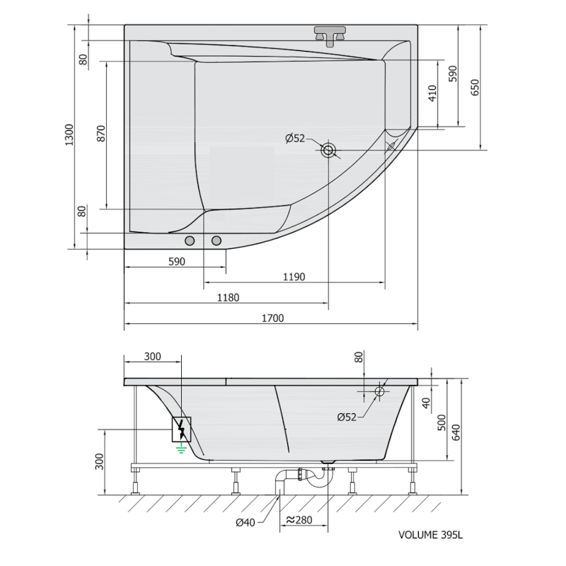 TANDEM L hydromasážní vana, 170x130x50cm, Attraction Hydro-Air, chrom 96611.4010