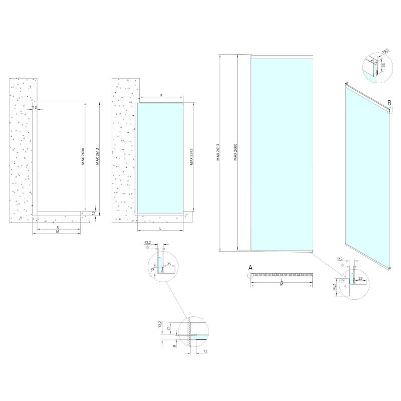 ARCHITEX sada pro uchycení skla, podlaha-stěna-strop se spádovou lištou, 1615x2600mm, levá, leštěný hliník AX2616L