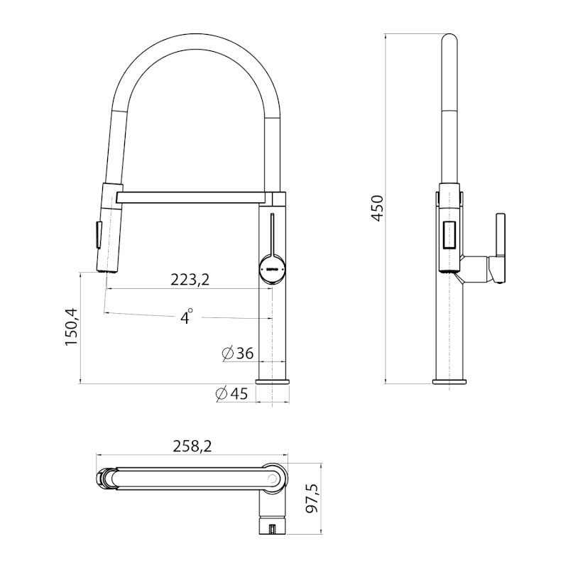 ATON stojánková dřezová baterie se sprškou, černá mat EV125B
