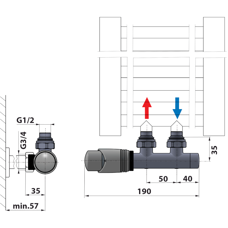 WICHER připojovací sada termostatická pro středové připojení 50mm, černá mat 600.311.6