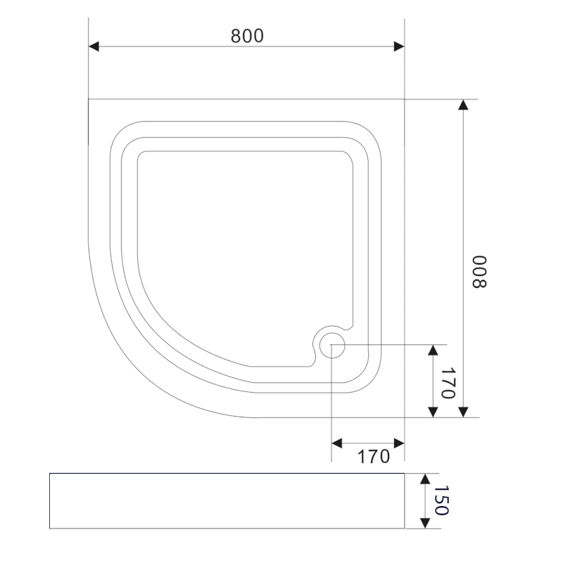Sprchová samonosná vanička akrylátová, čtvrtkruh 80x80x15cm BTTR80