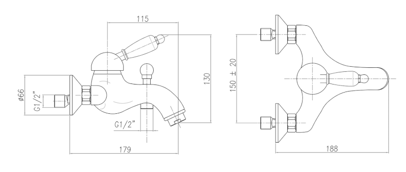 KIRKÉ BLACK nástěnná vanová baterie, černá páčka, chrom KI10NC